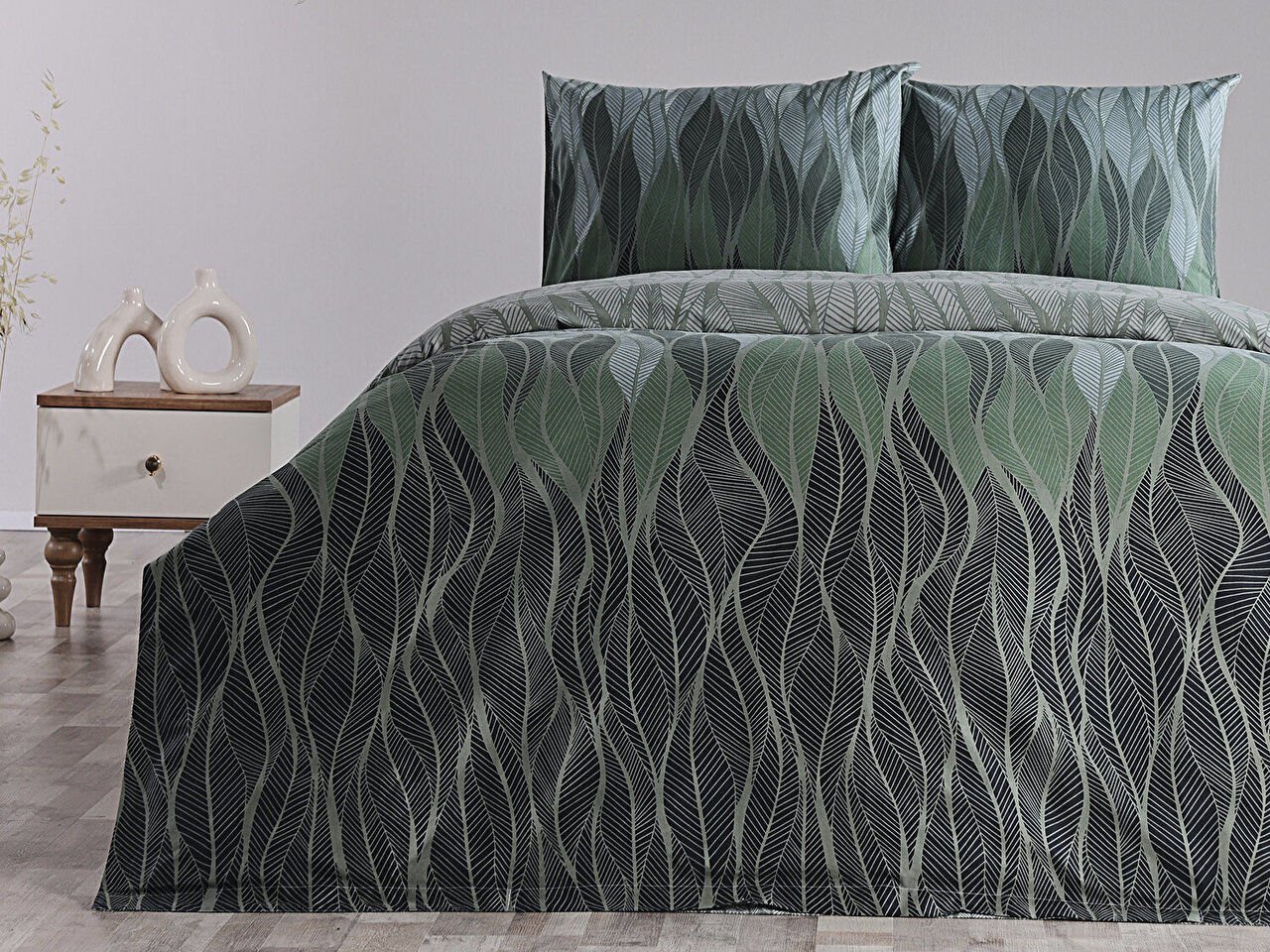 Ranforce Leaf Nevresim Takımı Çift King Size - Yeşil