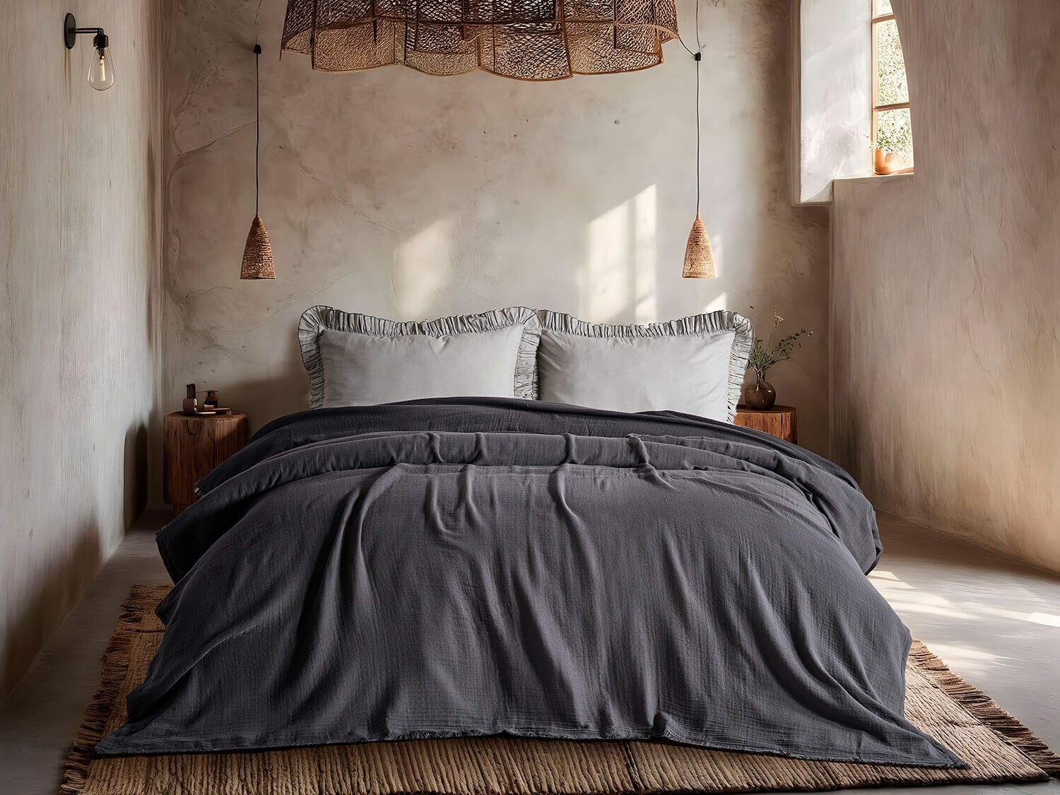 Natura Müslin Çok Amaçlı Örtü Çift Kişilik - Koyu Gri