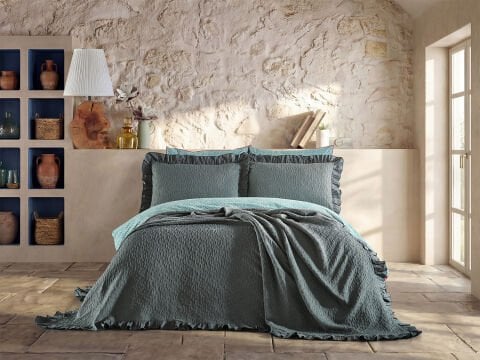 Leris Bouquet Fırfırlı Yatak Örtüsü Tek Kişilik - Yesil