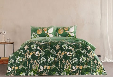Saten Nevresim Takımı Rose Glow Çift Kişilik - Yeşil