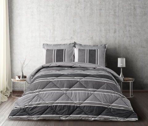 Easy Cotton Comforter Set Listra Çift Kişilik - Gri