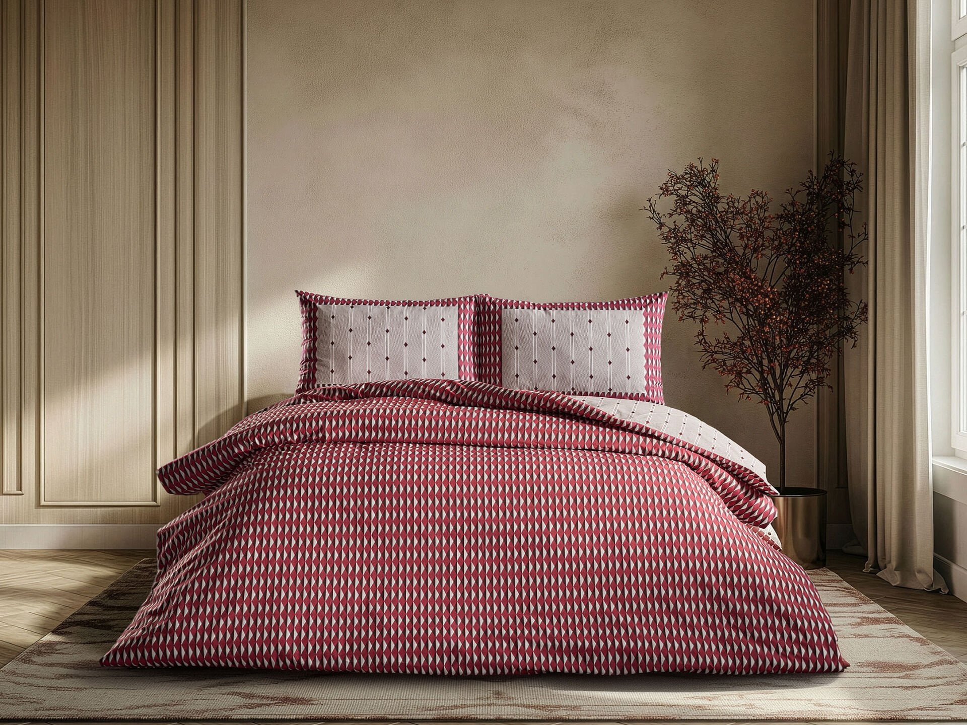 Luxury Ranforce Nevresim Takımı Kravin Çift Kişilik - Bej-Bordo